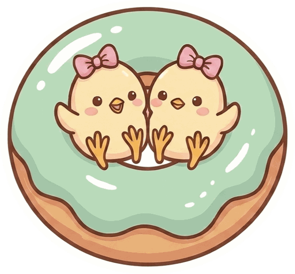 Logo de L'Atelier des Poussins : deux poussins avec un nœud rose, nichés dans un donut au glaçage menthe